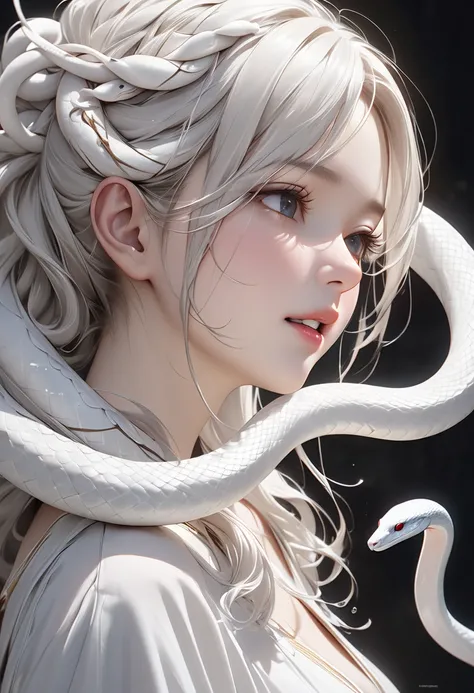 (masterpiece, best quality:1.2), solo, Woman, delicate hair formed by thin white snakes, The realistic thin white snake's face wobbles with lively movements, UHD, retina, masterpiece, accurate, super detail, high details, high quality, award winning, best ...