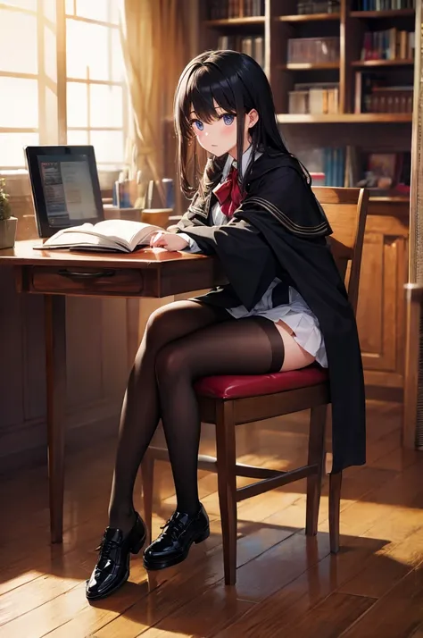 High image quality, high resolution, smooth gradation, vivid colors, a black cloak, a black student uniform, black stockings, black lace-up shoes, black hair, a high school girl, Private room, study room, girl in study desk set, study guide, with a relaxin...