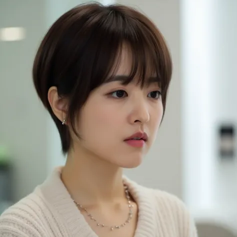  park bo young, a famous South Korean celebrity, with a Extreme Very Short Masculine Two Block Haircut with undercut that are above eyebrow and ear. The haircut is clean and precise, with detailed texture in the hair. The scene is naturally lit, emphasizin...