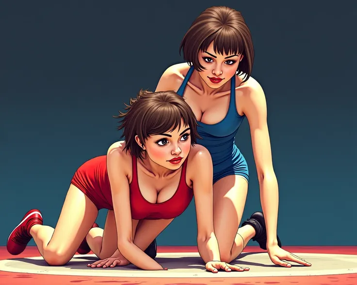 ultra detail, anime style. Match from the nineties . a female in a red freestyle wrestling singlet is on all fours in the center of the mat, and a female in a blue freestyle wrestling singlet is holding it from behind