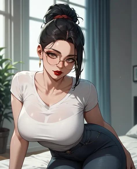 Sexy fair skin indian woman curvy slim thick thighs big breasts long black hair tied back in a high pony tail red lipstick tight white shirt tight black jeans black round glasses with gold frame