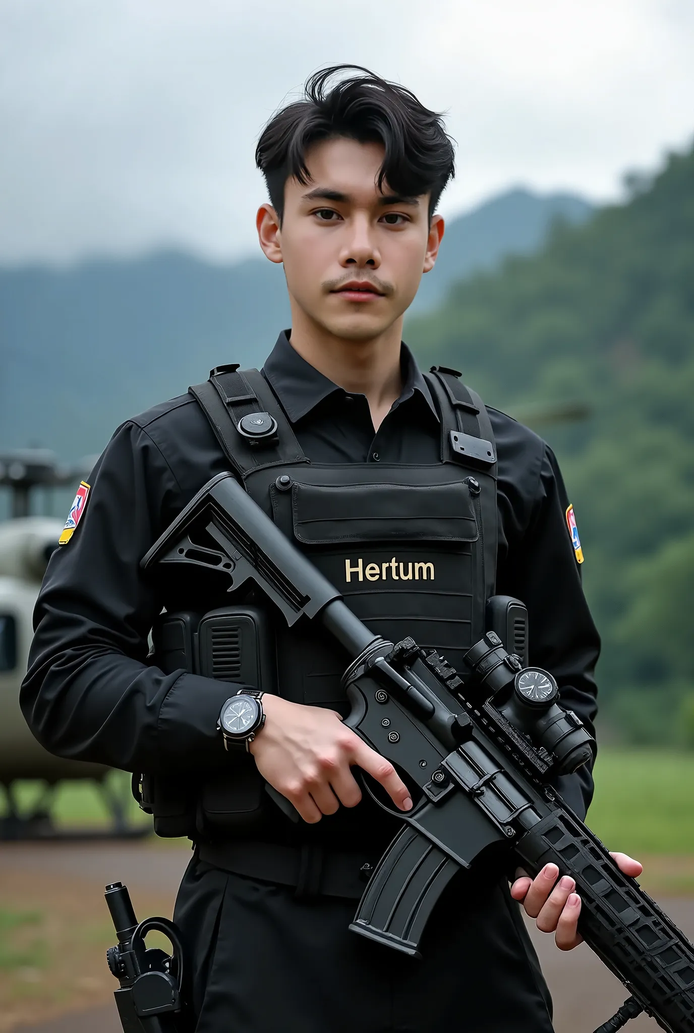 Handsome 25 year old Korean special forces, posing in front, holding airsoft, black special uniform complete with bulletproof vest, on the vest there is an inscription called (Hertum) wearing a sophisticated watch, background of a helicopter and the tropic...