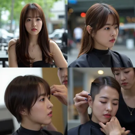 A detailed four-part image showing the dramatic transformation of a young South Korean female Park Bo Young through a military-inspired haircut. In the first scene, she is sitting outside a café with long, flowing hair styled elegantly, wearing a glamorous...