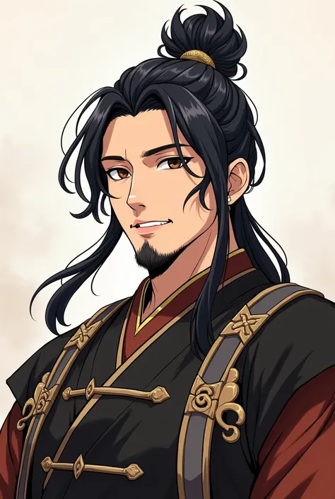  A man of 35 years old  ,dressed in Chinese style and in black and brown armor,slightly smiling ,  with black hair , top knot with hairstyle, with a well-groomed short beard and brown eyes, drawn in anime style