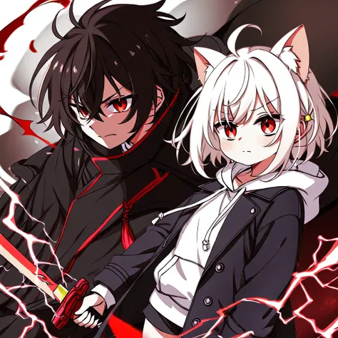  white hair、 Cat ears、 Holding a Japanese sword with a red blade in his right hand、  neutral、  girl、  white hoodie、 Wears a big black coat 、  shorts、 An outpouring of electricity 、 Red Eyes,  serious face