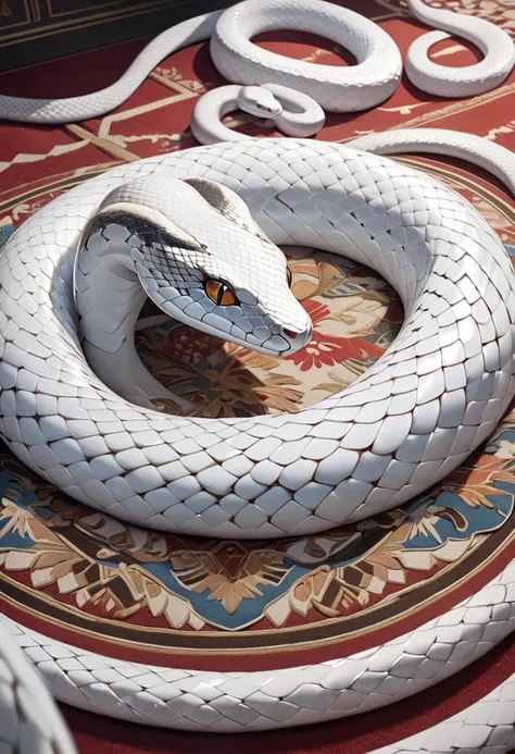 Snake woman floating and relaxing on a carpet of her own hair, Snake woman's hair forms a round carpet, Each hair of a snake woman is made of a white snake, Highlight the texture and dynamism of the hair, UHD, retina, masterpiece, accurate, anatomically co...