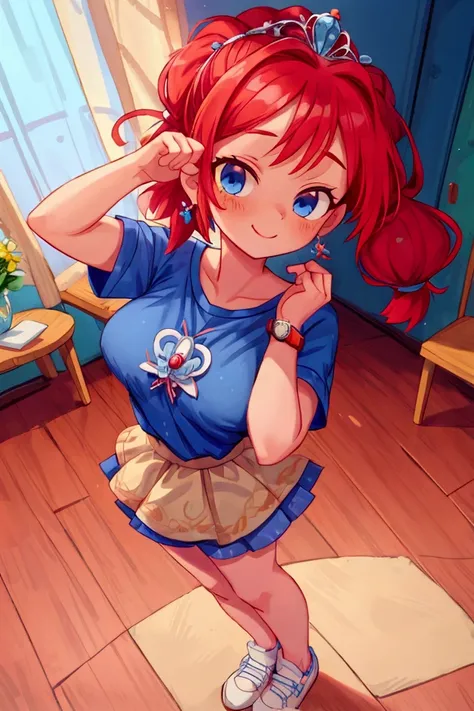 (masterpiece, best quality), 1girl, blue t-shirt,  short skirt, red hair, two ponytails, cute face, blue eyes, standing, indoor, intricate detail, sunlight, multicolor flower tiara, sexy pose, blue and white shoes, earrings, elegant hand watch, smile, coqu...