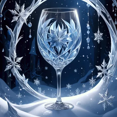 ( background).  winter fantasy art . (background):dark blue, decorated with geometric stars made of silver, snow dust, lace openwork pattern, snow-white, polar lights. (Inside1,8) Blooming rosebud, entwined with snowflakes, blizzard swirls, snow spirals, f...