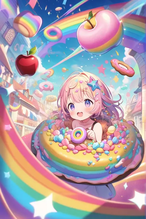 A whimsical scene featuring a doughnut-shaped apple UFO hovering in the sky, surrounded by colorful sugar sprinkles and a trail rainbow icing, playful and enchanting.