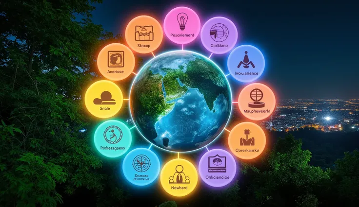 An artistic representation of the 17 Global Goals icons arranged in a circular pattern, each icon glowing in vibrant colors. The background transitions from a lush green forest to a bright cityscape to symbolize global unity.