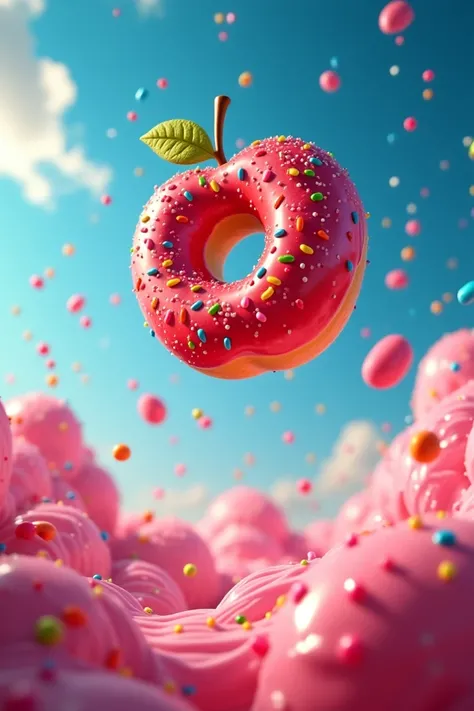 A whimsical scene featuring a doughnut-shaped apple UFO hovering in the sky, surrounded by colorful sugar sprinkles and a trail rainbow icing, playful and enchanting.