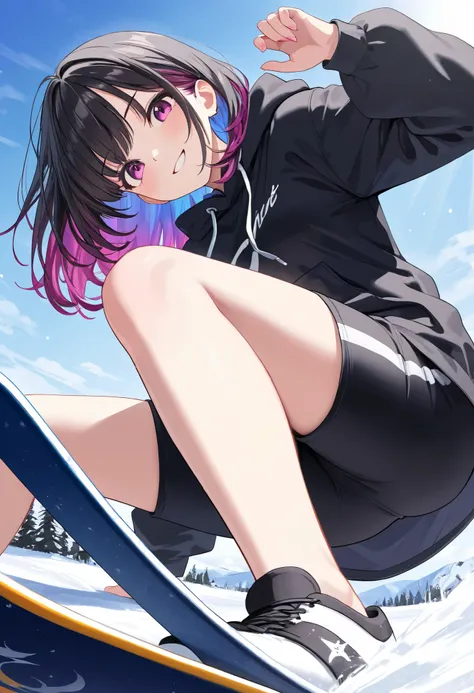 masterpiece, top quality,  high detail, beautiful woman's long hair  , ,  Medium Hair,  Harajuku Fashion 、 Street、Ano-chan's gradation color hairstyle,  snowboarding 、Ski resort