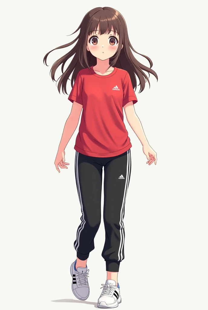 Anime girl is wearing red shortsleeved shirts and black adidas pants including three stripes with white running shoes including 