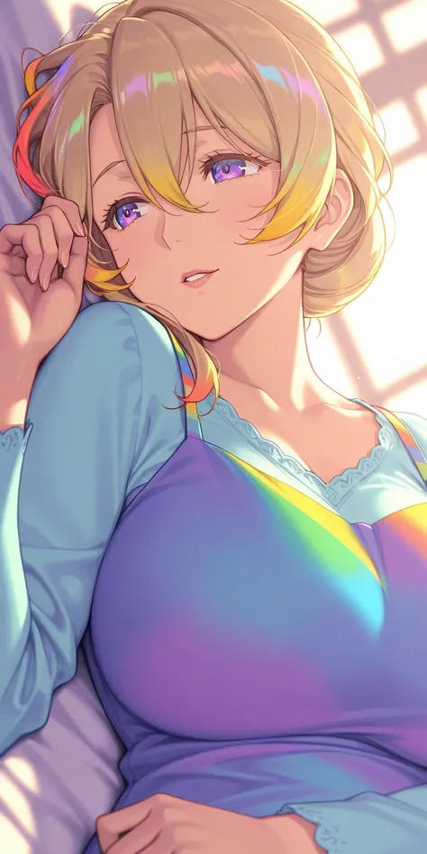  Mature Woman, housewife,   blonde hair,  hair between your eyes,   chignon hair,   lying down on a long-sleeved shirt, Chest, Mature Woman, Soft light,   high detail  ,  best quality,  upper body,  colorful,  UFOTABLE STUDIO STYLE 