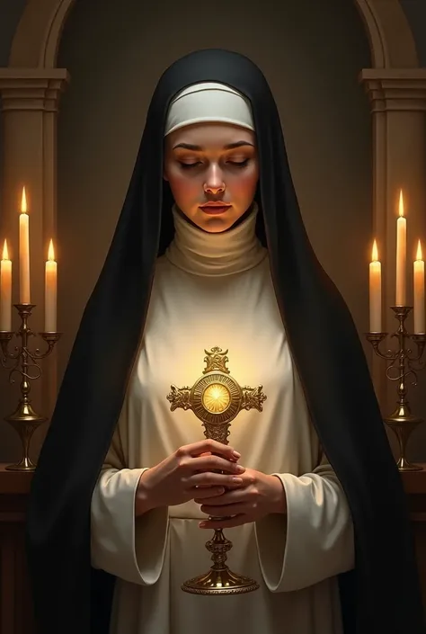 Create a Catholicism-based image of a young Carmelite nun with a monstrance in her hands surrounded by burning lamps