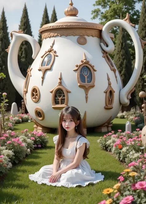  a house made of a big milk pot、Beautiful girl sitting on the lawn in that garden 、flower bed、 fairy tale、Fairyland