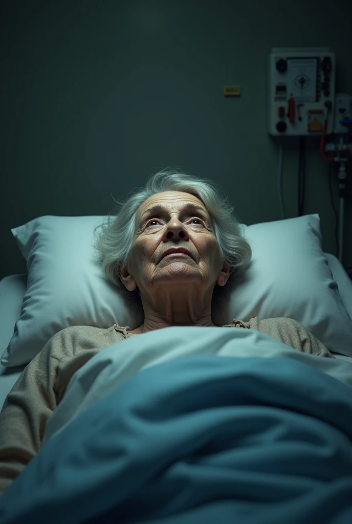 Image of an old woman being treated in a hospital bed.