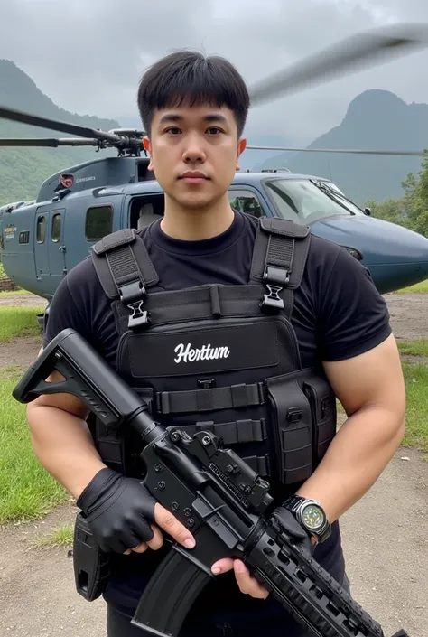 Handsome 25 year old Korean special forces, posing in front, holding airsoft, black special uniform complete with bulletproof vest, on the vest there is an inscription called (Hertum) wearing a sophisticated watch, background of a helicopter and the tropic...