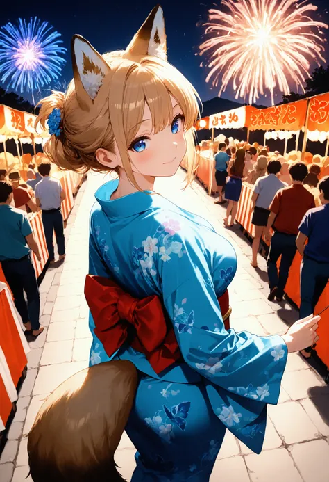 1 woman, solo, from above, from behind, light brown fox ears, blonde hair, hair tied back, blue eyes, beautiful detailed eyes, medium breasts, indigo kimono, red obi belt, light brown fox tail, cute smile, posing for a photo, summer festival, crowded, nigh...