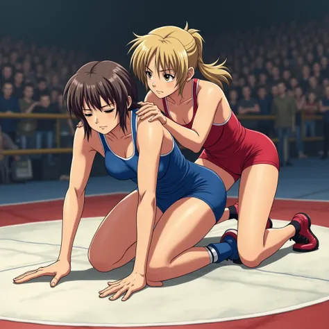 ultra detail, anime style. Match from the 2000's . a female in a blue freestyle wrestling singlet is on all fours in the center of the mat, and a female in a red freestyle wrestling singlet is holding it from behind