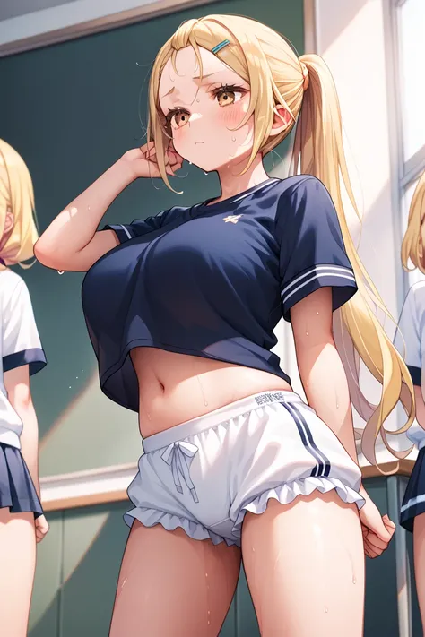  gals, high school students,Big Breasts,Gym clothes,Bloomers, belly button out,Schoolyard, thighs, blonde, long hair,  ponytail, Bang Bangs,  Princess Cut, Foreheadの前髪, Forehead,sweat, I'm tired,腕でsweatを拭う, high resolution,  anatomically correct,  best qua...