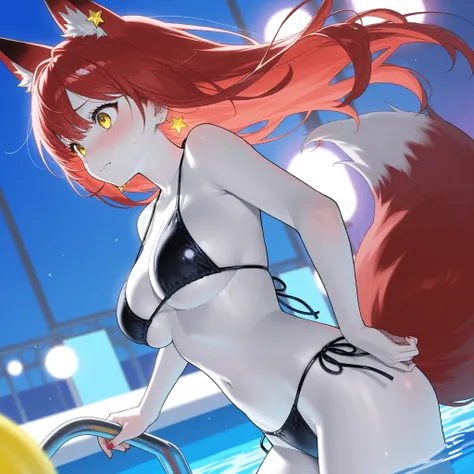    1 girl 、 Red Hair、   long hair 、  yellow eyes、   high resolution、 Super Fine、  beautiful breasts 、 whole body、 beautiful  white skin、  red nails 、   stylish body 、   white skin、  fox ears、  Fox Tails  、、    star ear earrings   、、 fox ornament 、Front  、 ...