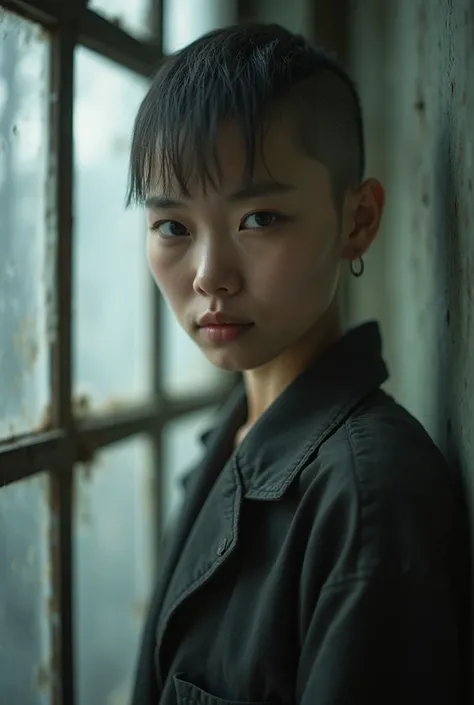 ( best quality,4K,8k, high resolution,masterpiece:1.2), very detailed,( is present,photo is present,photo- is present:1.37),Japanese women in their 20s, full body、 Textured Straight Super Short Bowl Cut Hair、Shaved head punishment、Shaved nape 、sense of los...