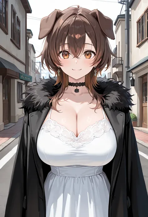 ( best quality , 8k , masterpiece , incredibly absurdres , beautiful woman , perfect body , super detailed skin , highly detailed eyes and face , 1 person ) , Inugami King , original hair color ,  brown hair  ,  dog ear , smile ,  will be happy , (  in a w...