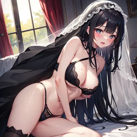 Supine, looked up, large breast, open mouth , close eyes, blushing, embrassed, sweaty, spread legs, micro lingerie, orgasm, long straight black hair, blunt bangs, thick body, ripped wedding dress, princess, damsel in distress, wedding veil