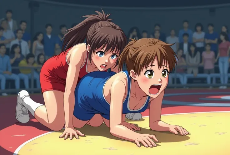 ultra detail, anime style. Match from the 2000's . a female in a blue freestyle wrestling singlet is on all fours in the center of the mat, and a female in a red freestyle wrestling singlet is holding it from behind