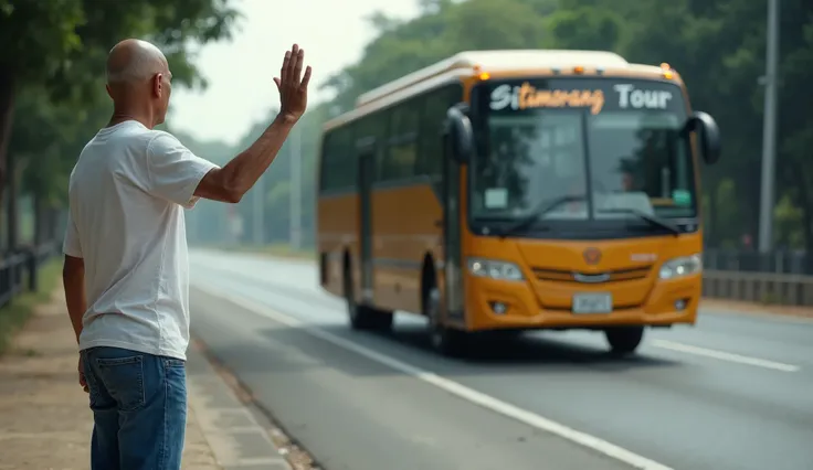 Realistic, sharp and contrast extreme long shoot images. An Indonesian man, 60 years old, truly bald, clean faced, height 175 cm, weight 68 kg, flat stomach, is wearing T-shirt, blue jeans pantalon, and sneakers. He is facing to the travel bus with 30 pax,...