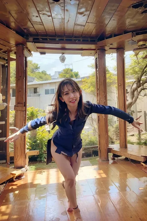   open shirt, ((( Slit on the front  ))), (( idol clothes、  miniskirt、 )),    long hair, ,    Natural Cosmetics , Lips become thicker,   sexy gaze,   barefoot, ((  raise one leg  )),    taken from below,  Adorable expressions when visiting a shrine  ,((   ...