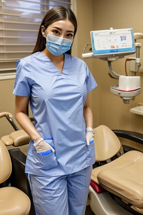 Comment / Wide Open Color / Shirt with Scrub 、Surgical masks、 pants、 white gloves 、dentist、Under treatment、 Super Big Breasts 、Patient Mouth Treatment 、Dental chair、 View Patient's Mouth 、Dentist's accurate treatment instrument 、Erect the nipples、