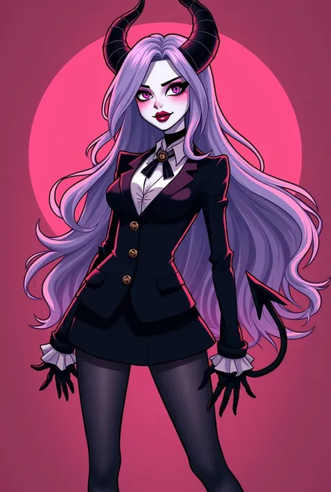 Hazbin hotel character, female humanoid, purple and pink colors, black and white colors, long hair, pretty, woman, beautiful, demon girl, helluva boss, cartoon style, cartoonish, cartoon, pretty hair style, beautiful clothing, original character, woman, yo...