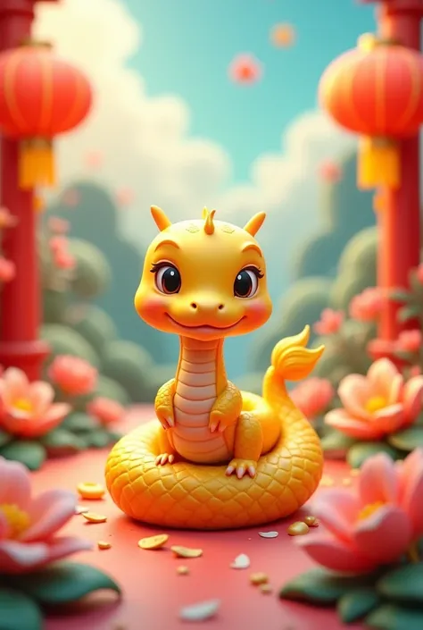 vibrant 3d fantasy happy Chinese new year, year of golden cute snake with prosperity wealthy and healthy