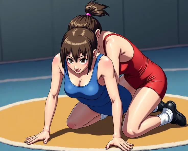 ultra detail, anime style. Match from the 2000's . a female in a blue freestyle wrestling singlet is on all fours in the center of the mat, and a female in a red freestyle wrestling singlet is holding it from behind