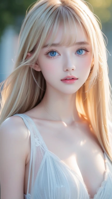  Mastepice,  Best Quality , Illustration, Super detailed,  Fine Details ,  high resolution,  8K wallpaper ,  perfect dynamic composition, Beautiful detailed bright shining pale sky baby blue eyes,  women's fashion summer, super long platinum blonde hair 、目...