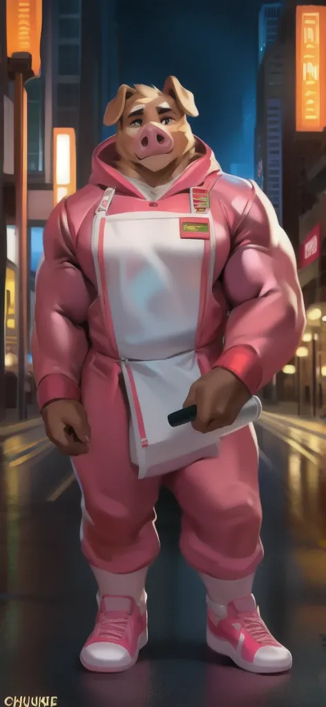  alone, Big Tall Girl ,Model, stand, road,pig dog Bernard , Master Chef ,  pink military spacesuit,  heavily overloaded,  muscle bundle, paranoia ,by chunie ​