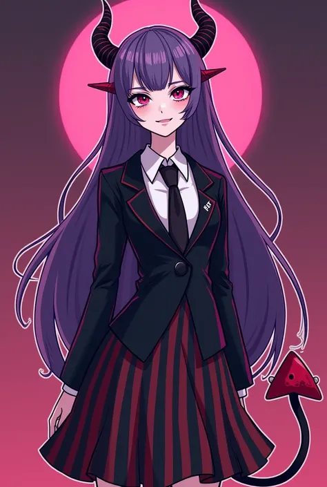 Hazbin hotel character, female humanoid, purple and pink colors, black and white colors, long hair, pretty, woman, beautiful, demon girl, helluva boss, cartoon style, cartoonish, cartoon, pretty hair style, beautiful clothing, original character, woman, yo...