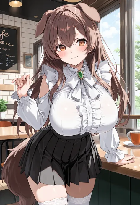 ( best quality , 8k , masterpiece , incredibly absurdres , beautiful woman , perfect body , super detailed skin , highly detailed eyes and face , 1 person ) , Inugami King , original hair color ,  brown hair  ,  dog ear , smile ,  will be happy , ( white r...