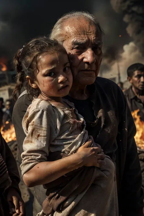  escape from the burning city due to the bombings , Multitudes of desperate people flee hell, An elderly grandfather, in dirty clothes ,  holds her little granddaughter bleeding in her arms, terror in the eyes of people .