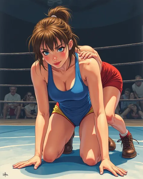 ultra detail, anime style. Match from the nineties . a female in a blue freestyle wrestling singlet is on all fours in the center of the mat, and a female in a red freestyle wrestling singlet is holding it from behind