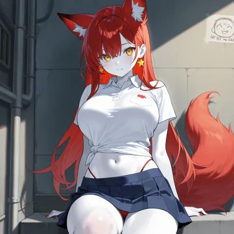    1 girl 、 Red Hair、   long hair 、  yellow eyes、   high resolution、 Super Fine、  beautiful breasts 、 whole body、 beautiful  white skin、  red nails 、   stylish body 、   white skin、  fox ears、  Fox Tails  、、    star ear earrings   、、 fox ornament 、Front  、 ...