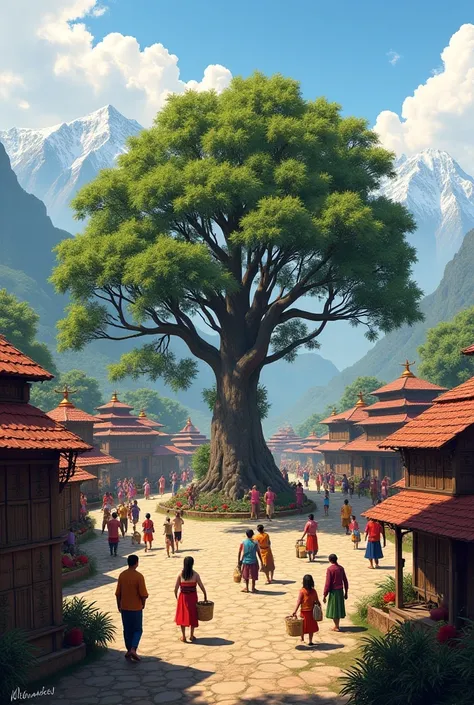 Setting (Village Scene): A traditional Nepali village with small houses, a stone-paved path, and mountains in the background. Villagers gather around a central square or "chautari" with a big tree.
