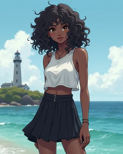  Create a girl with hair over her shoulder, curly and dark .  brown eyes.  Your skin is black, and your body is thin and slender. Make her wear a white cropped and a black mini skirt.  The background is an island ,  with a lighthouse far away .  do it in t...