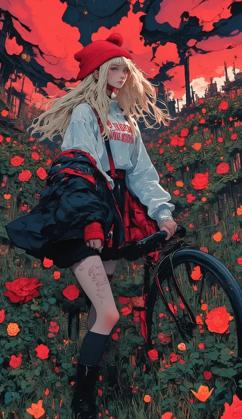 Anatómicamente correcto , beautiful girl full body ,  sitting on a bike with baskets full of flowers, ((Manga style:1.5)), Linear ,  she is half profile  ,  red and black plaid miniskirt  ,  three-quarter fishnet stockings  , long black boots,  white sweat...