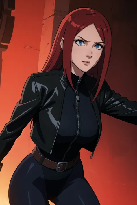 Kushina, long hair, red hair, blue eyes, mature female, large breasts, Female figure in black leather jacket and leotard, red hair flowing, dramatic pose, slightly turned right, center of frame, intense gaze, vibrant red lighting, dark background, dramatic...