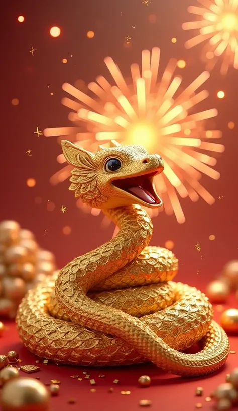 vibrant 3d fantasy happy Chinese new year, year of golden cute snake with ingot wealthy and healthy with fireworks with the word “ congratulations on your hair :  congratulations on your hair : THIP”