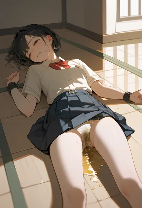 Girl unconscious,  is lying on the floor, Underneath it is a puddle of urine, the skirt got lifted up,  you can see the panties 
