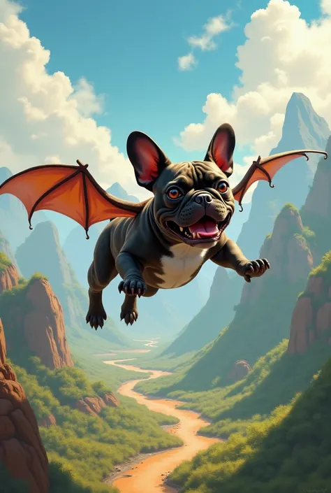 French bulldog flying around Africa